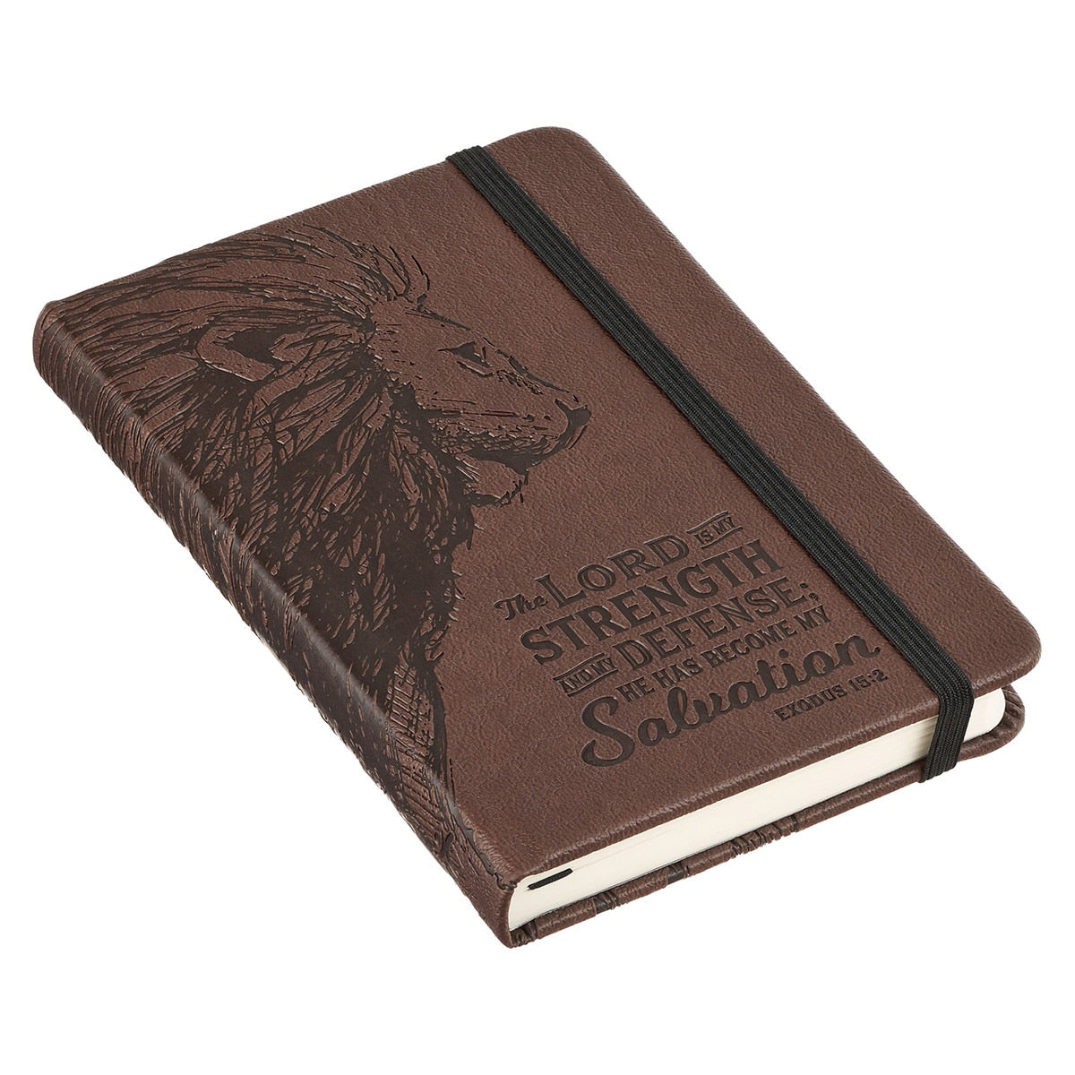 Strength and Defense Lion Walnut-Brown Faux Leather Hardcover Notebook with Elastic Band Closure  - Exodus 15:2