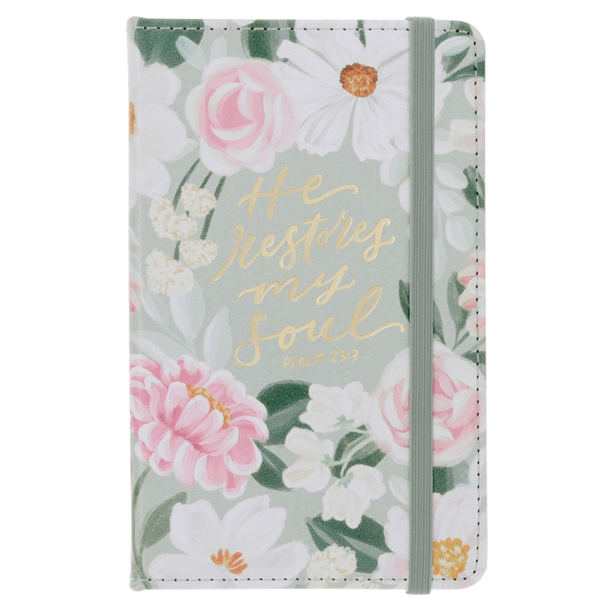 He Restores My Soul Green Floral Faux Leather Hardcover Notebook with Elastic Closure - Psalm 23:3