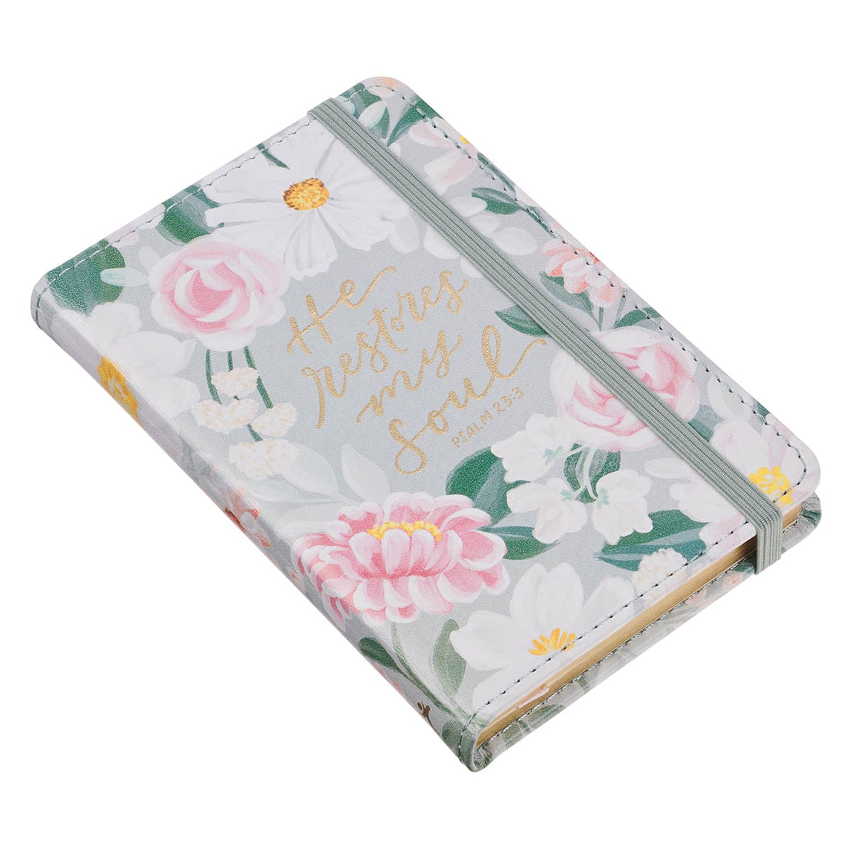 He Restores My Soul Green Floral Faux Leather Hardcover Notebook with Elastic Closure - Psalm 23:3