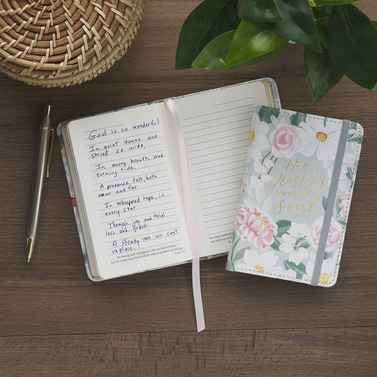 He Restores My Soul Green Floral Faux Leather Hardcover Notebook with Elastic Closure - Psalm 23:3