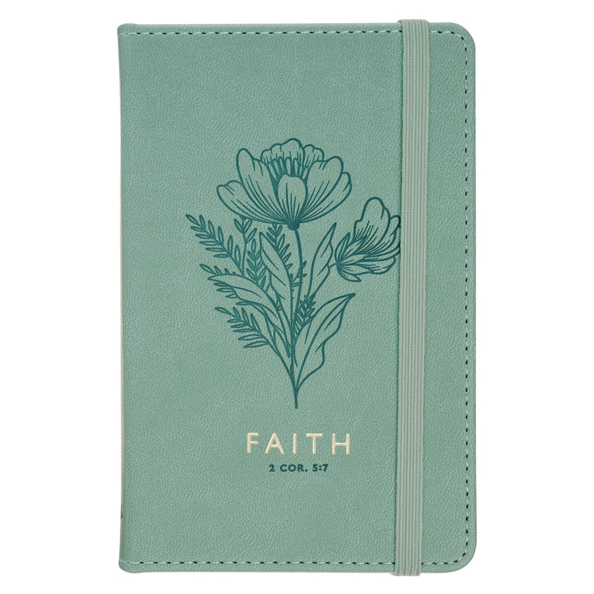 Faith Teal Floral Faux Leather Hardcover Notebook with Elastic Band Closure - 2 Corinthians 5:7