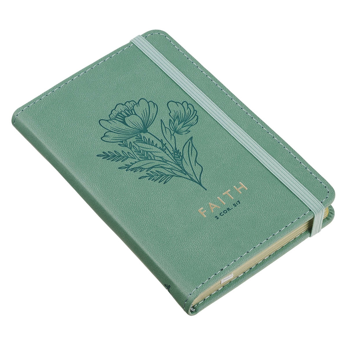 Faith Teal Floral Faux Leather Hardcover Notebook with Elastic Band Closure - 2 Corinthians 5:7