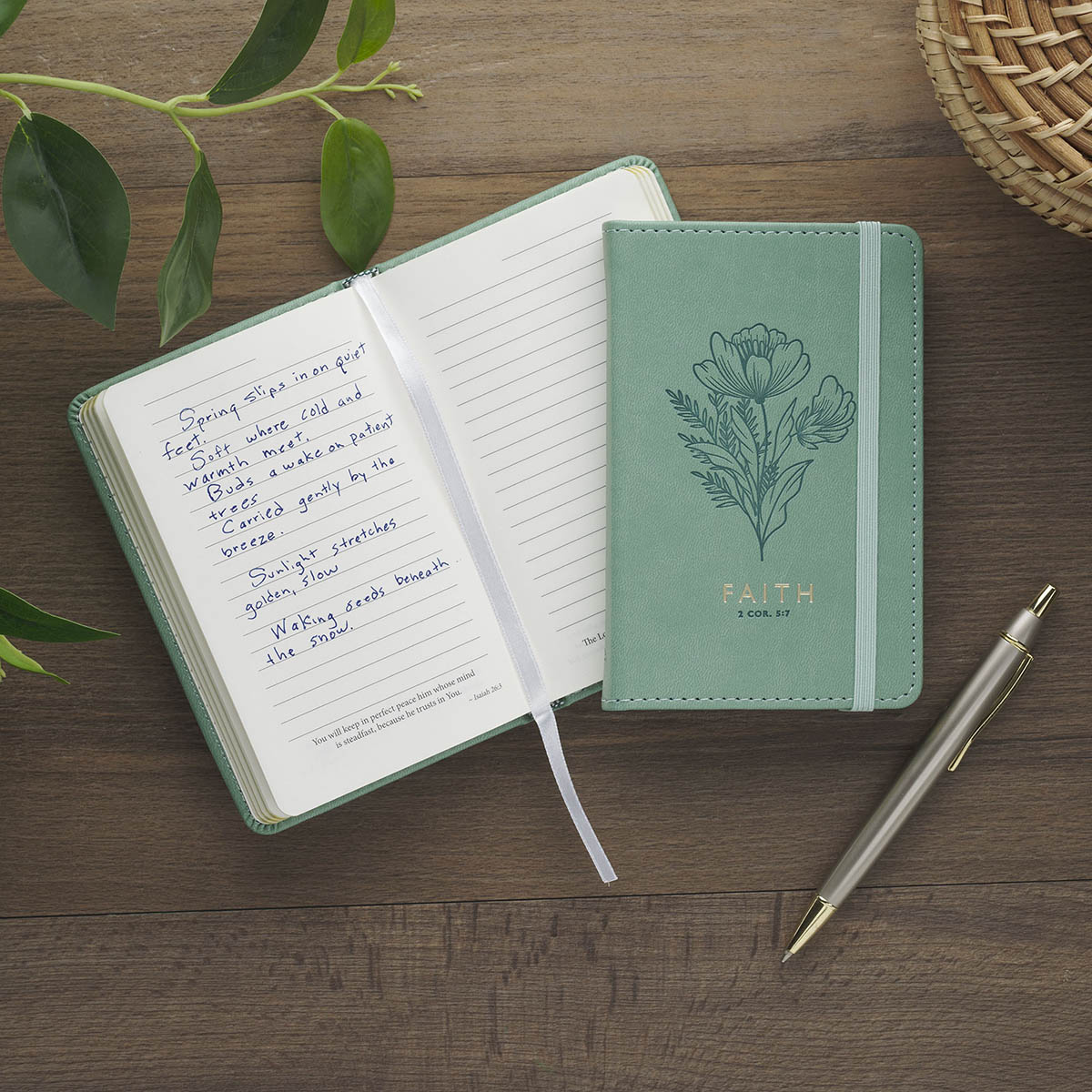 Faith Teal Floral Faux Leather Hardcover Notebook with Elastic Band Closure - 2 Corinthians 5:7