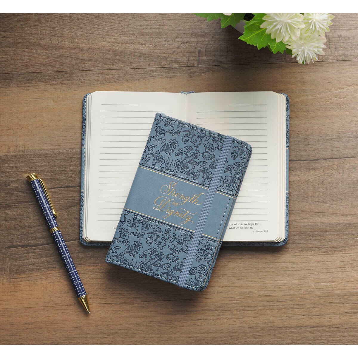 Strength and Dignity Blue Cottage Garden Faux Leather Hardcover Notebook with Elastic Band Closure - Proverbs 31:25