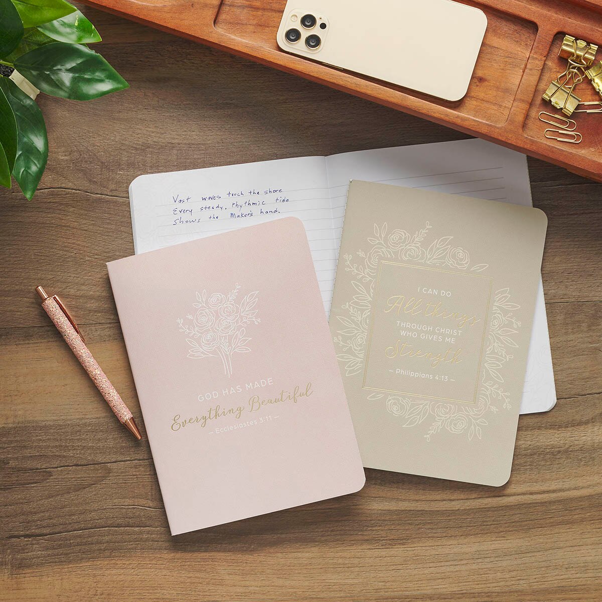 Everything Beautiful Blush and Taupe Floral 3-Piece Large Notebook Set - Ecclesiastes 3:11