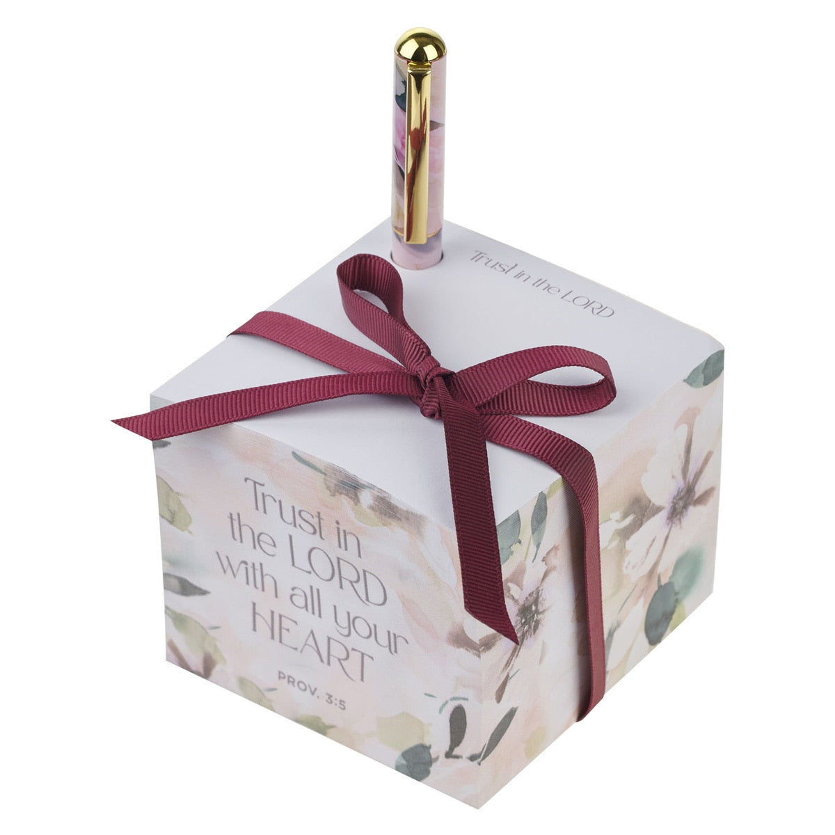 Trust in the Lord Purple Blooms Note Block with a Pen - Proverbs 3:5