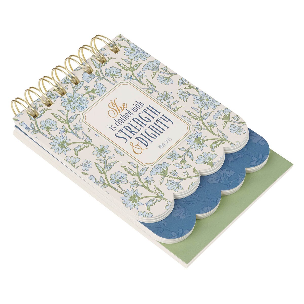 Strength and Dignity Blue Cottage Garden Tiered Spiral Notepad  - Proverbs 31:25