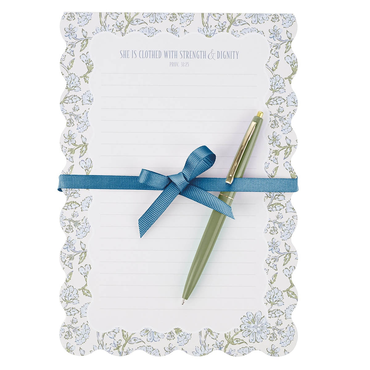 Strength and Dignity Blue Cottage Garden Scalloped Notepad and Pen Gift Set - Proverbs 31:25