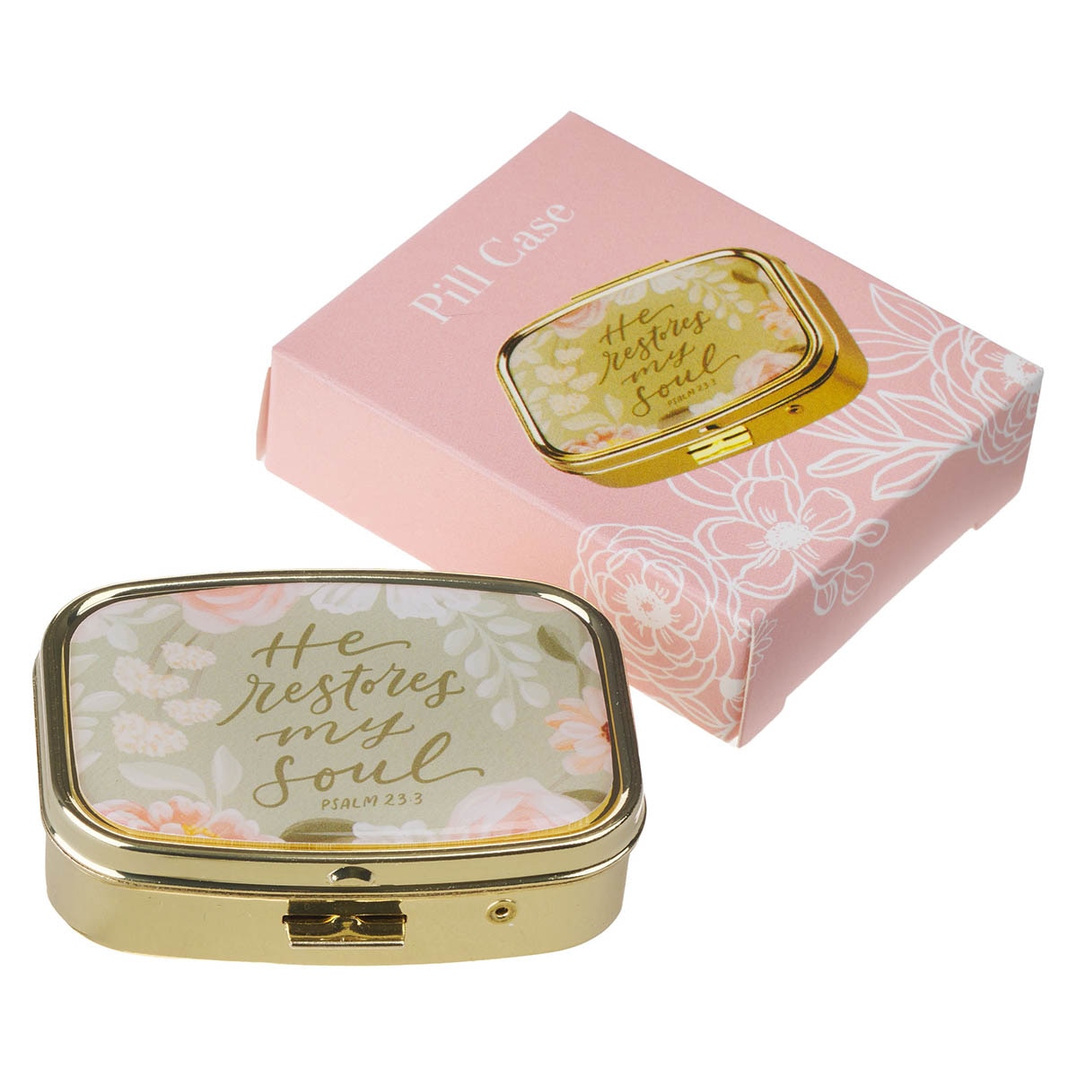 He Restores My Soul Green Floral Pill Case - Psalm 23:3