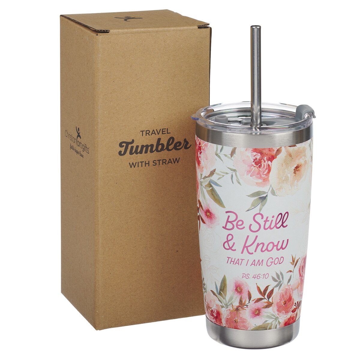 Be Still and Know Bright Floral Stainless Steel Travel Tumbler with Stainless Steel Straw - Psalm 46:10