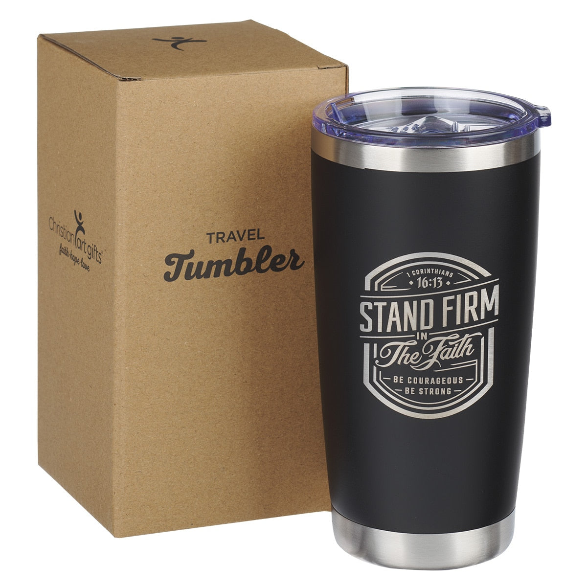Stand Firm Black Stainless Steel Travel Tumbler - 1 Corinthians 16:13