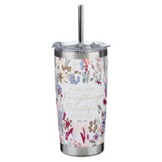 White Floral Everything Beautiful Stainless Steel Travel Mug with Reusable Stainless Steel Straw - Ecclesiastes 3:11