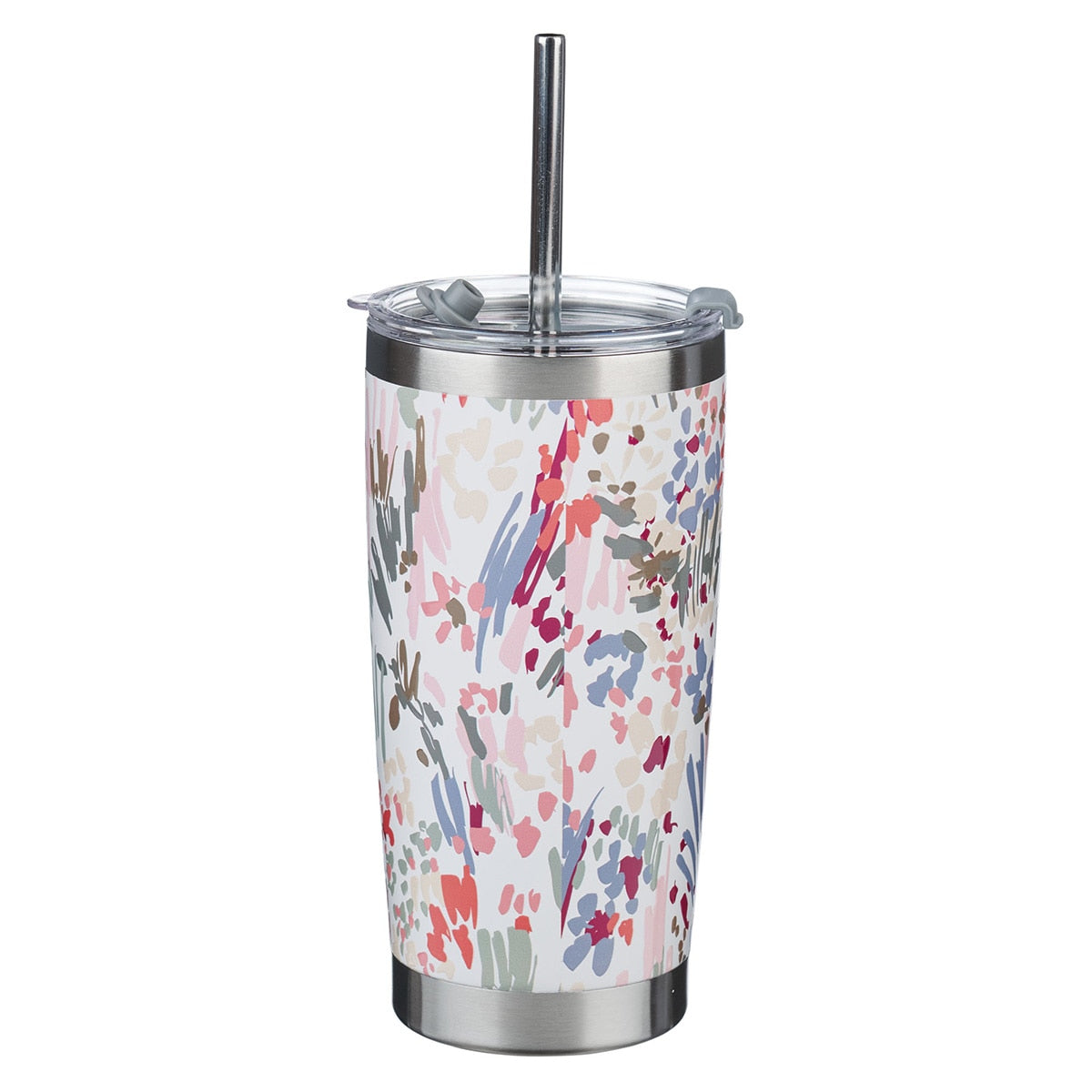 White Floral Everything Beautiful Stainless Steel Travel Mug with Reusable Stainless Steel Straw - Ecclesiastes 3:11