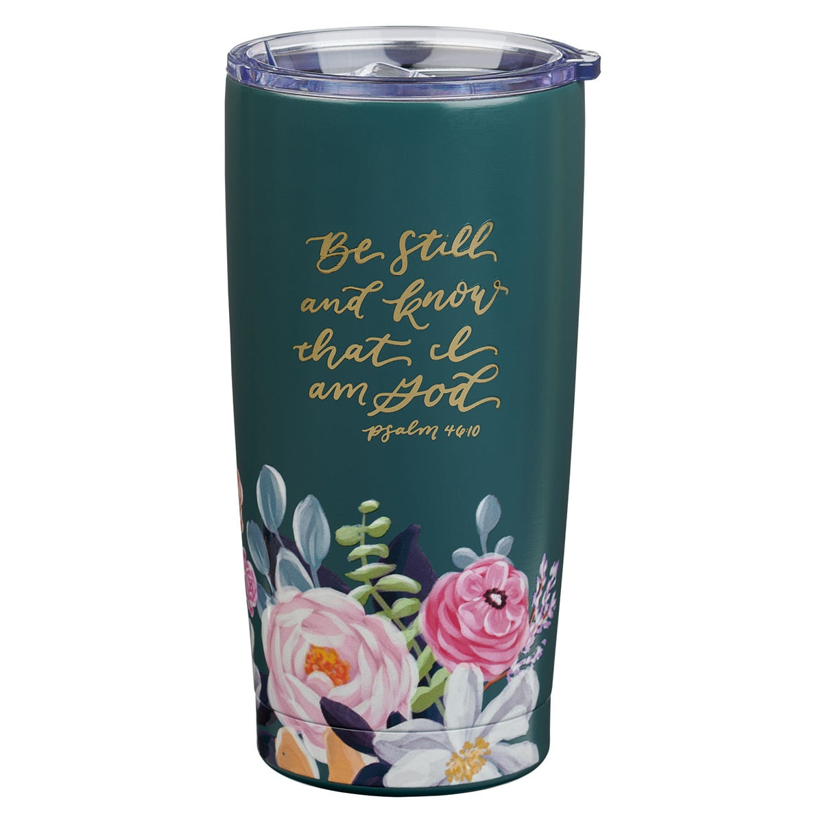 Be Still Teal Floral Stainless Steel Travel Tumbler - Psalm 46:10