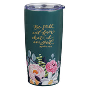 Be Still Teal Floral Stainless Steel Travel Tumbler - Psalm 46:10