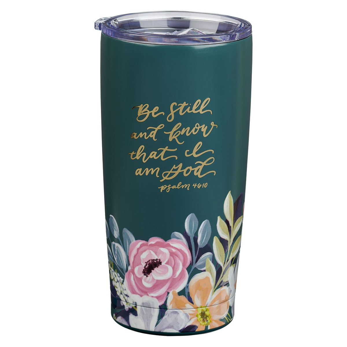 Be Still Teal Floral Stainless Steel Travel Tumbler - Psalm 46:10
