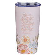Strength and Dignity Pink Floral Stainless Steel Travel Tumbler - Proverbs  31:25