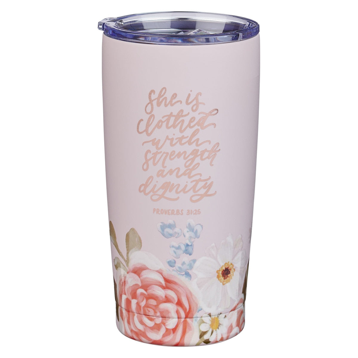 Strength and Dignity Pink Floral Stainless Steel Travel Tumbler - Proverbs  31:25