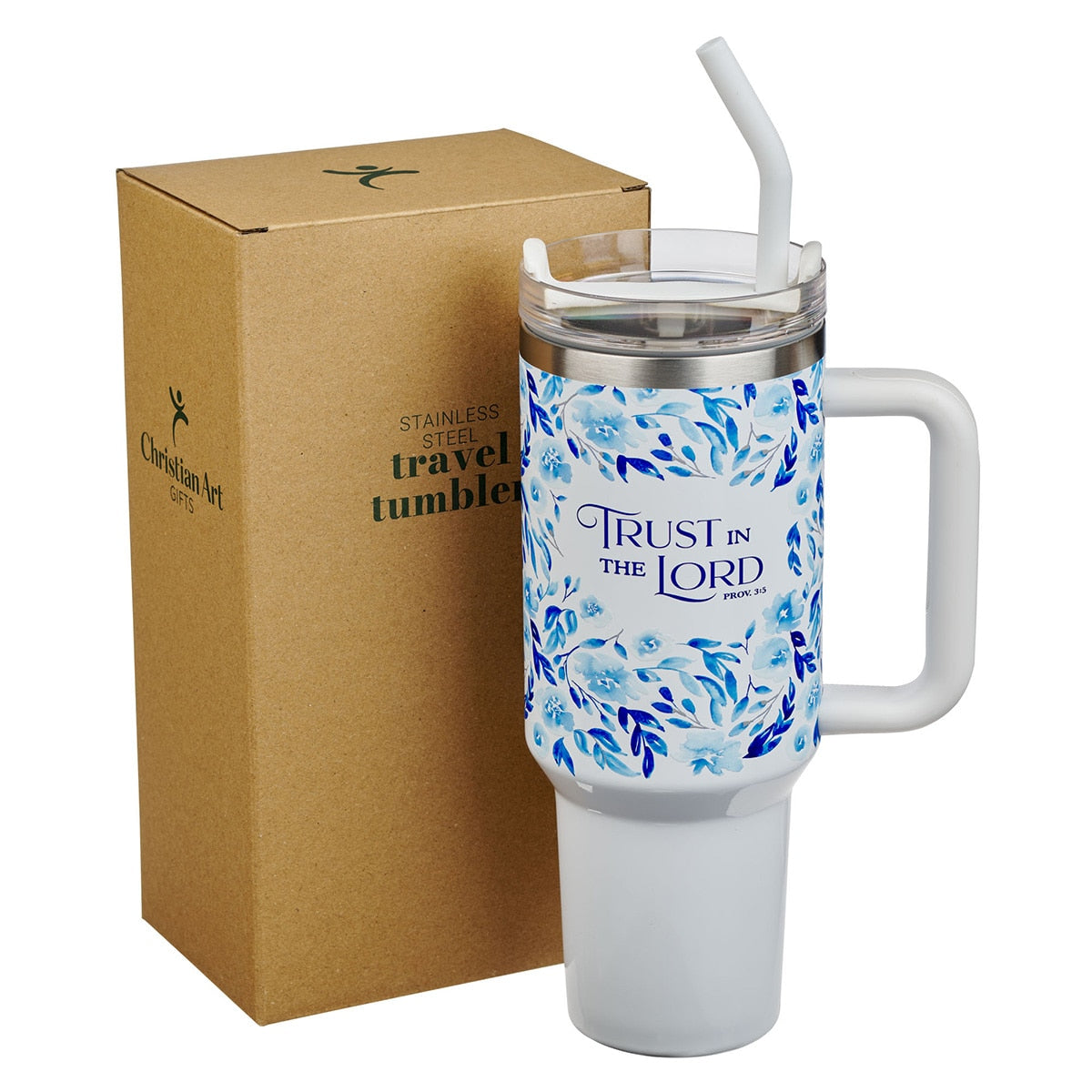 Trust in the Lord Blue Botany 40 oz Stainless Steel Travel Tumbler with Straw - Proverbs 3:5