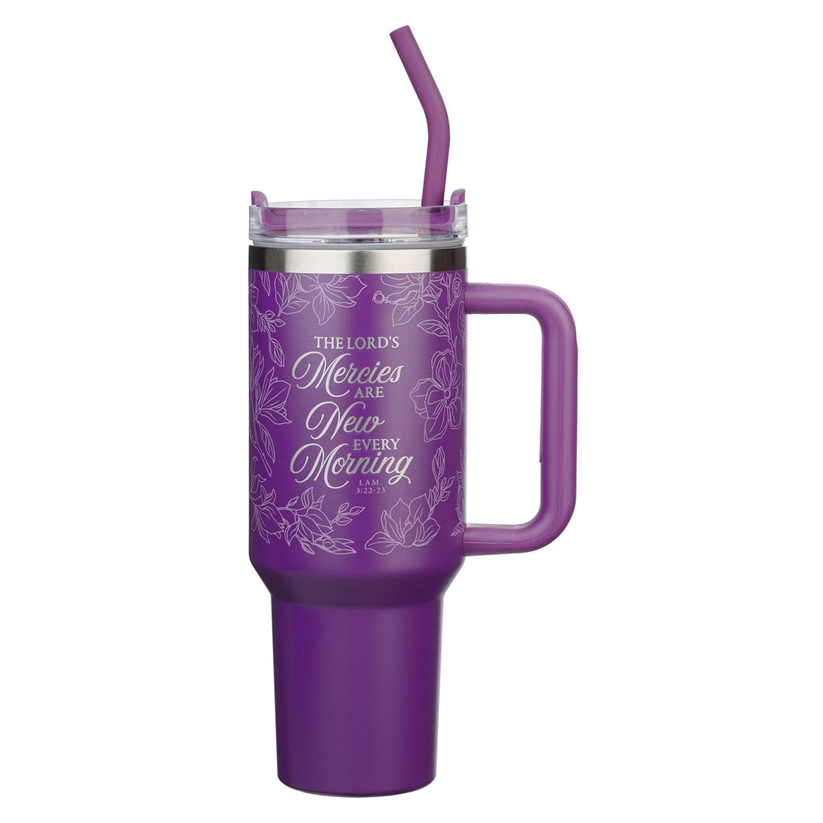 New Mercies Purple Floral 40 oz Stainless Steel Tumbler with Straw - Lamentations 3:22-23