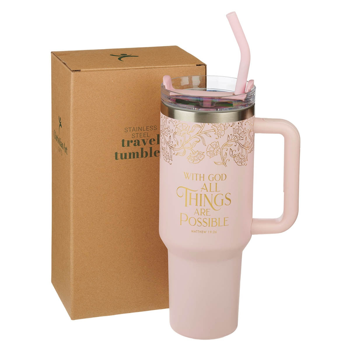 Things Are Possible Blush 40 oz Stainless Steel Travel Tumbler - Matthew 19:26