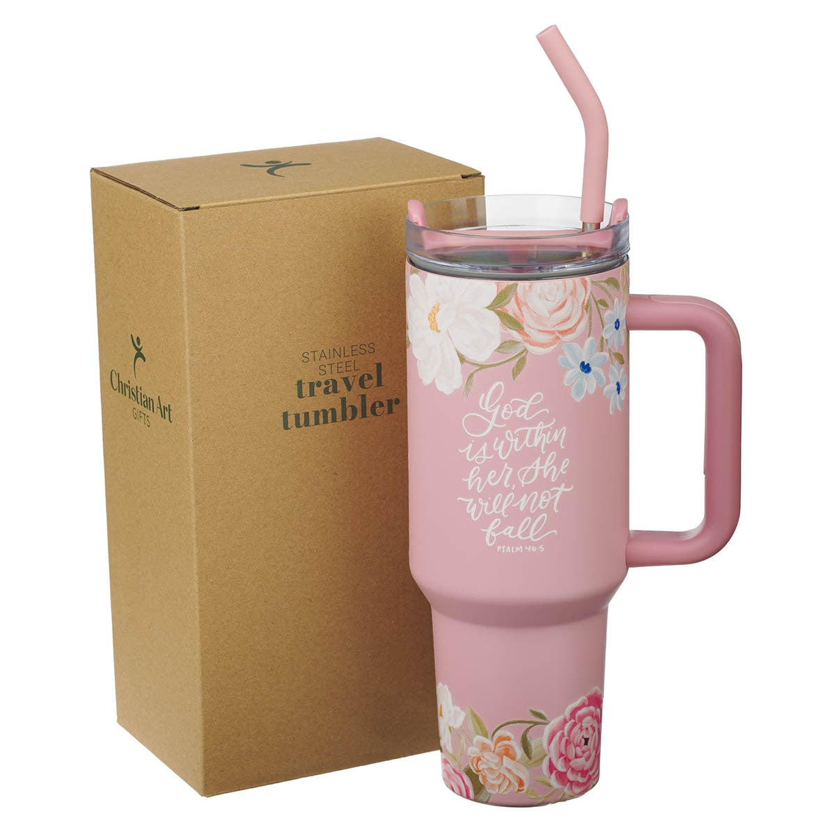 God is With Her Pink Floral 40 oz Stainless Steel Tumbler with Straw