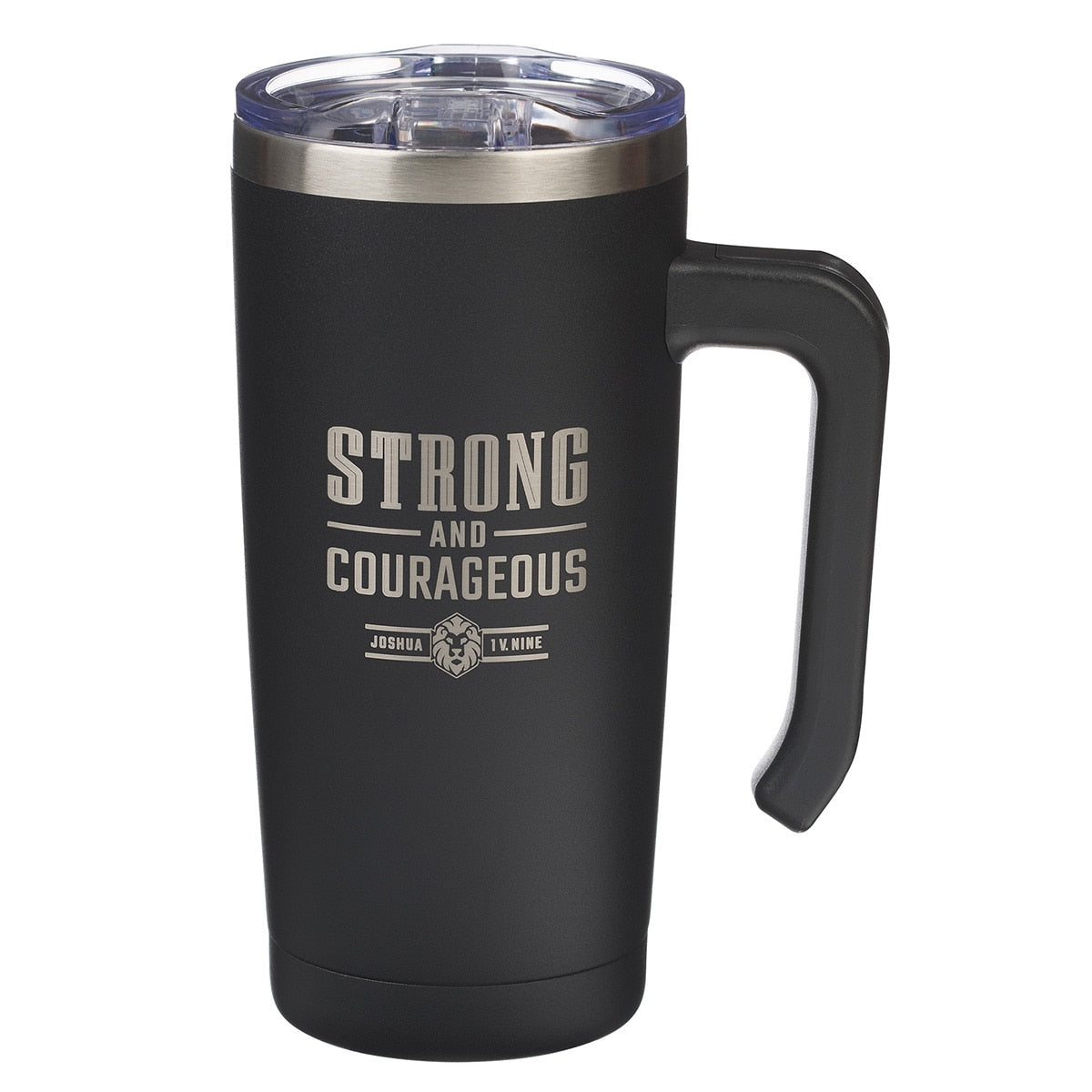 Strong and Courageous Black Stainless Steel Travel Mug with Handle Joshua 1:9