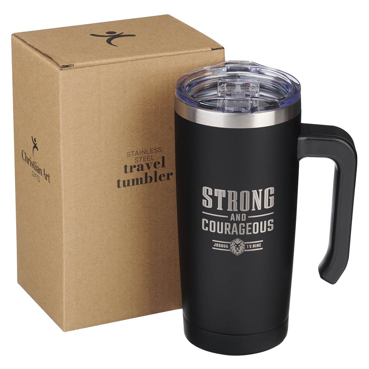 Strong and Courageous Black Stainless Steel Travel Mug with Handle Joshua 1:9