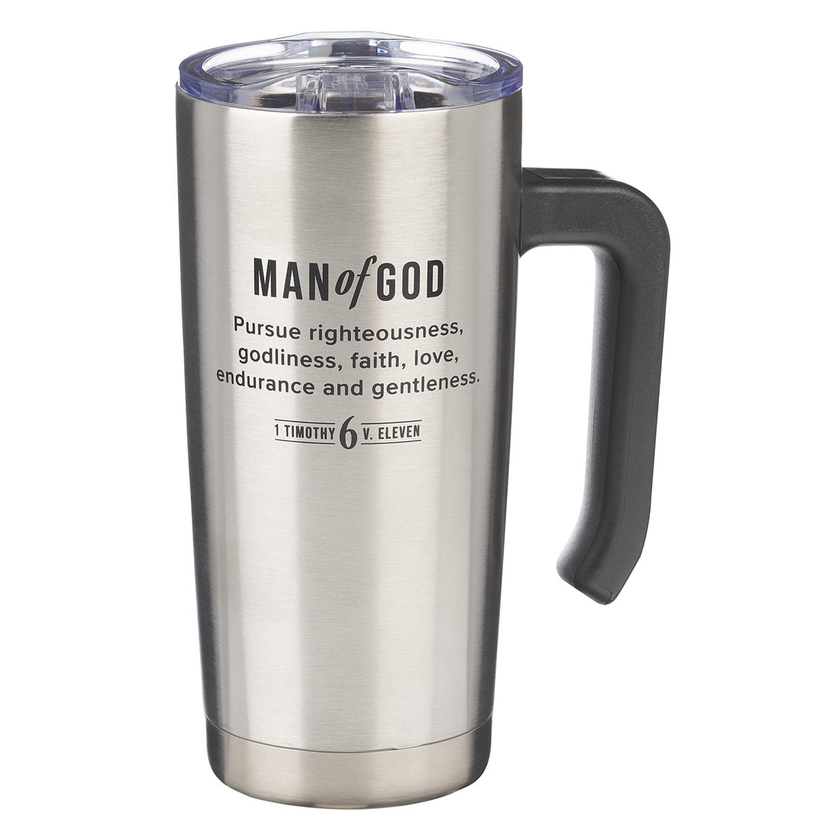 Man of God Stainless Steel Travel Mug with Handle - 1 Timothy 6:11