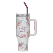 Walk by Faith Pink Cosmos 40 oz Stainless Steel Tumbler with Straw - 2 Corinthians 5:7