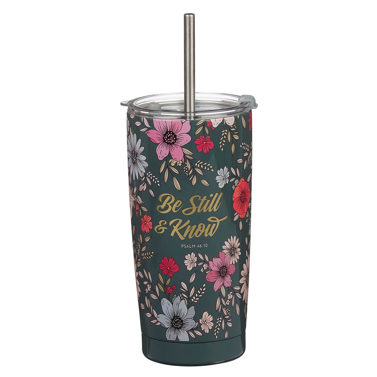 Be Still Teal Botanical Stainless Steel Tumbler With Reusable Straw - Psalm 46:10