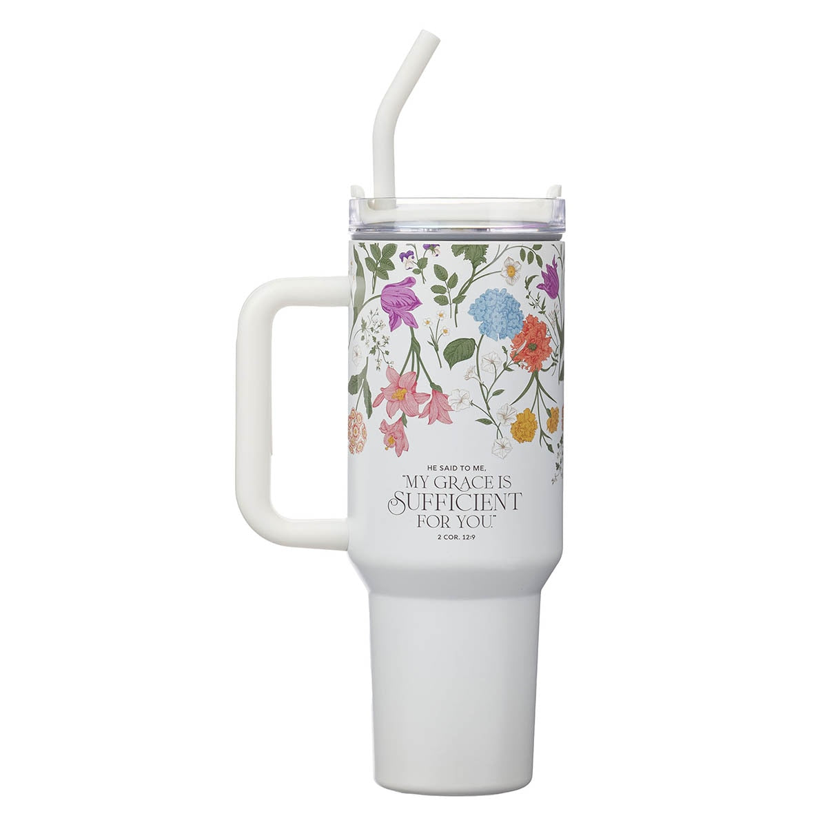 Grace White Wildflower 40 oz Stainless Steel Tumbler with Straw - 2 Corinthians 12:9
