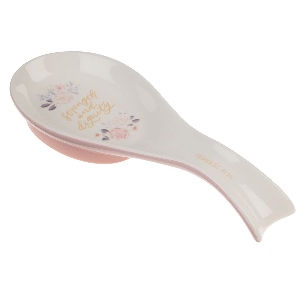 Strength and Dignity Pink Floral Ceramic Spoon Rest - Proverbs 31:25