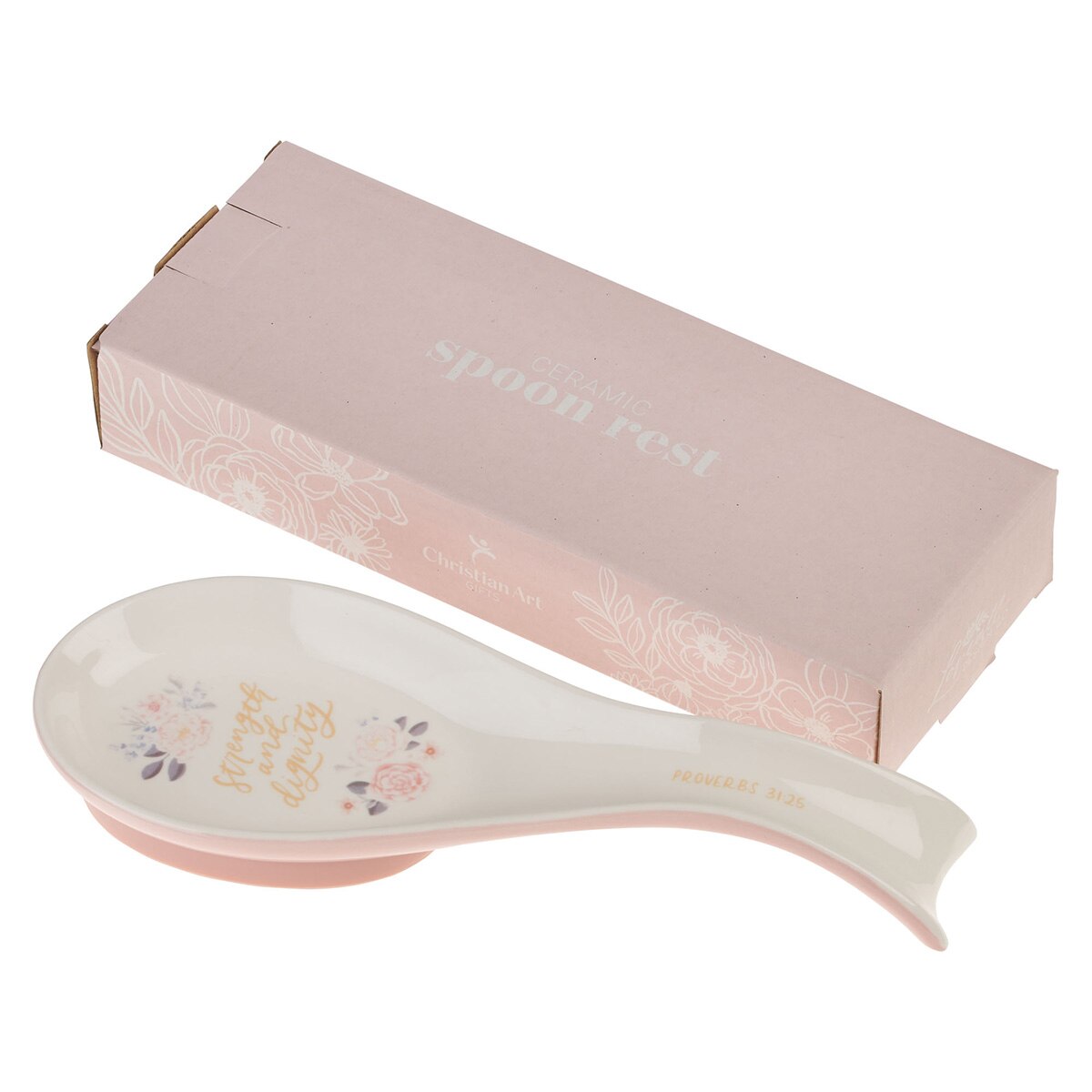 Strength and Dignity Pink Floral Ceramic Spoon Rest - Proverbs 31:25