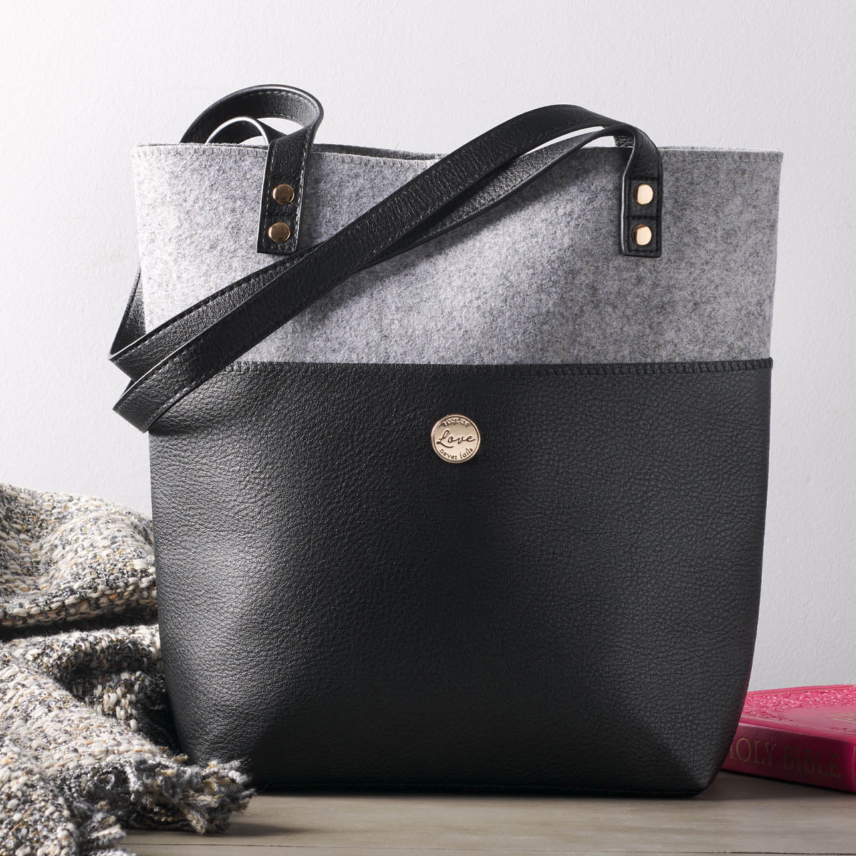 Love Never Fails Two-tone Black and Heather Gray Felt Fashion Bible Tote Bag - 1 Corinthians 13:8