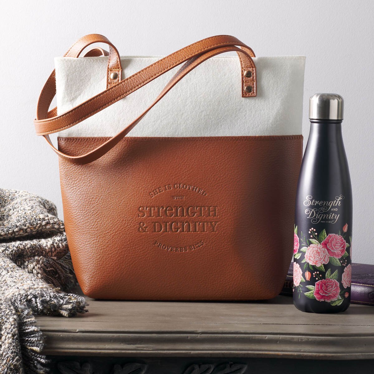 Strength & Dignity Two-tone Toffee and Cream Felt Fashion Bible Tote Bag - Proverbs 31:25