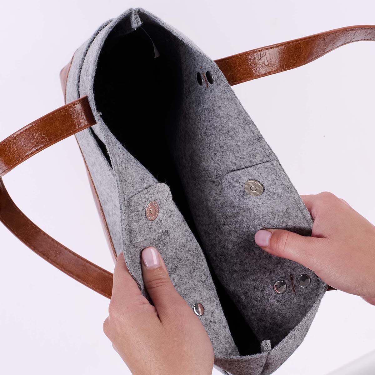 Silver Heart Heather Gray Felt and Toffee Brown Faux Leather Fashion Bible Tote Bag