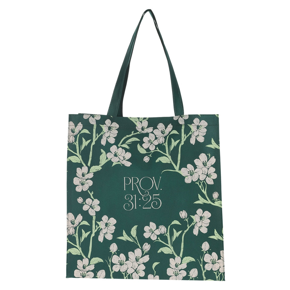 Strength and Dignity Green Floral Reusable Non-woven Shopping Tote Bag - Proverbs 31:25