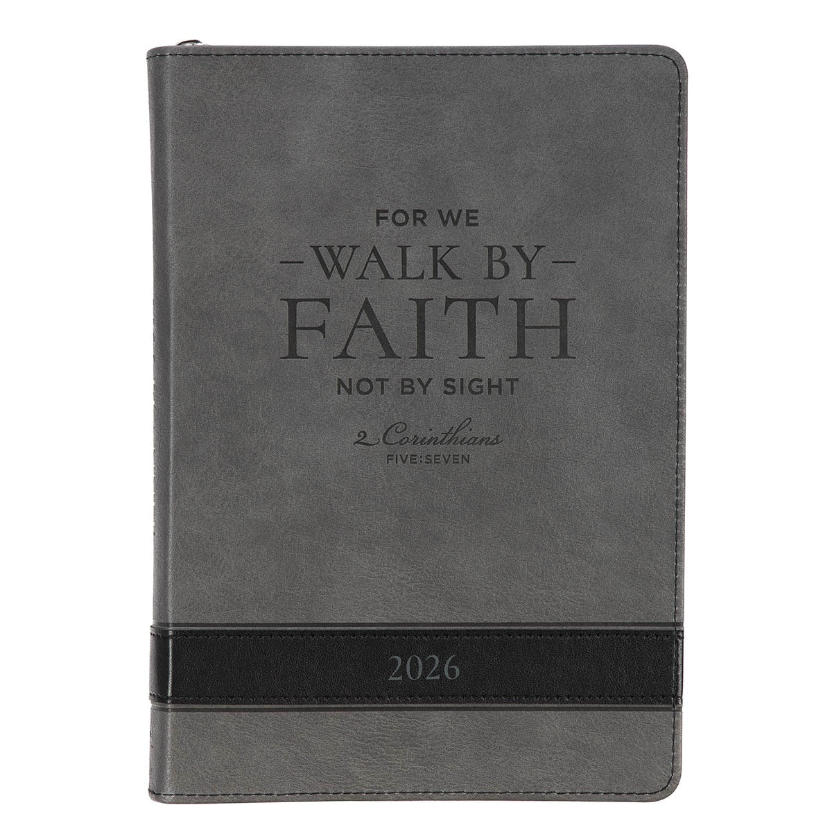 2026 Walk by Faith Gray Faux Leather Executive Planner with Zipper Closure - 2 Corinthians 5:7