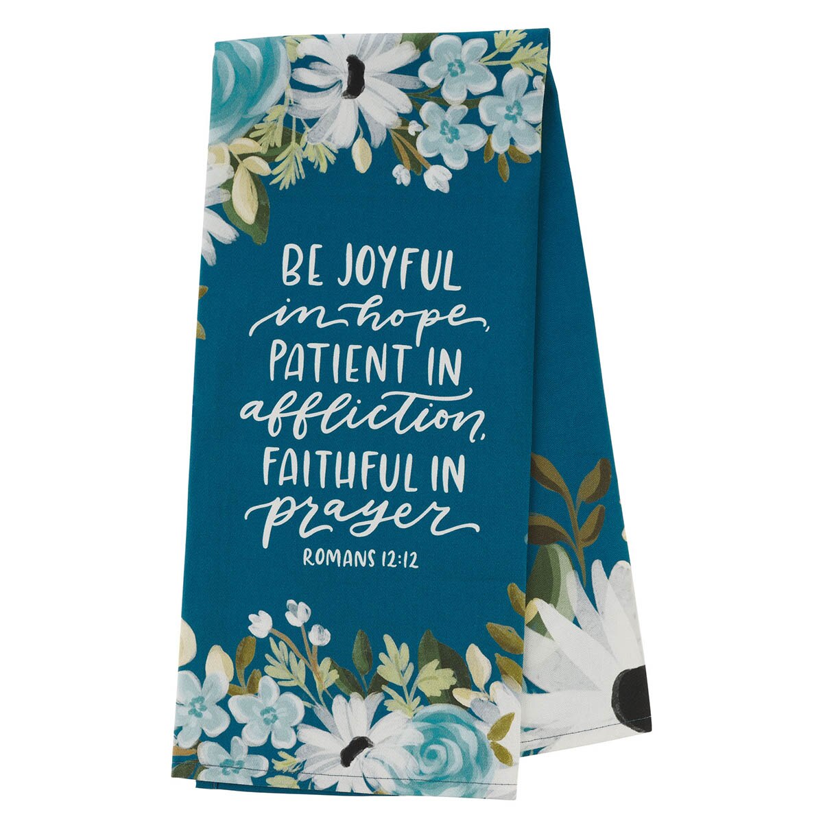Be Joyful Blue Floral Cotton Tea Towel - Romans 12:12