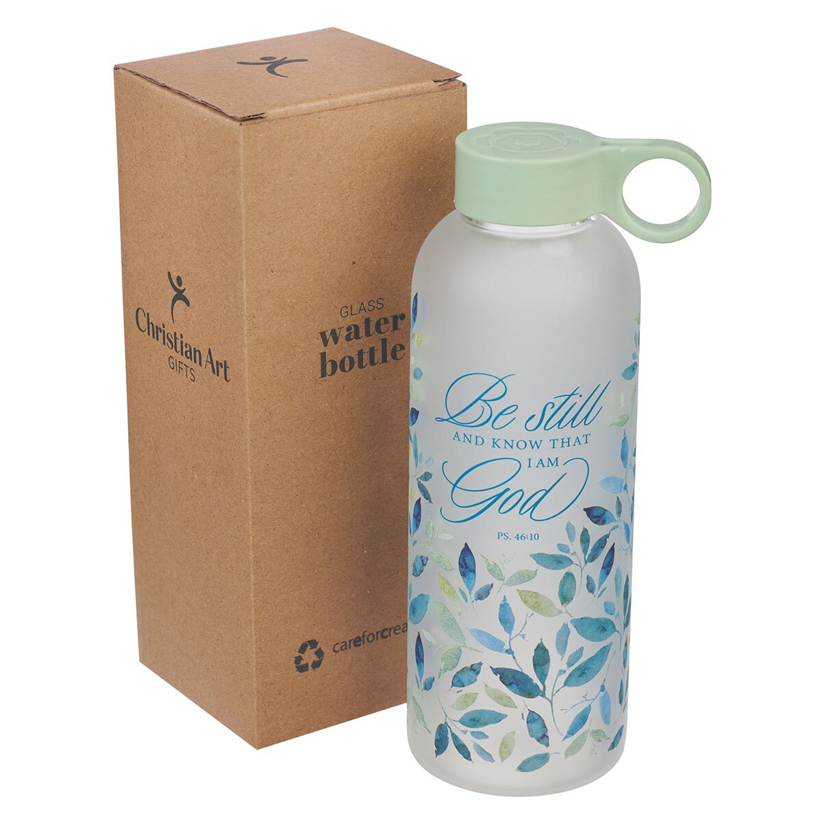 Be Still Minty Leaf Glass Water Bottle - Psalm 46:10