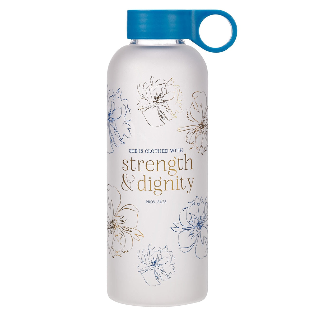Strength and Dignity Blue Floral Glass Water Bottle - Proverbs 31:25