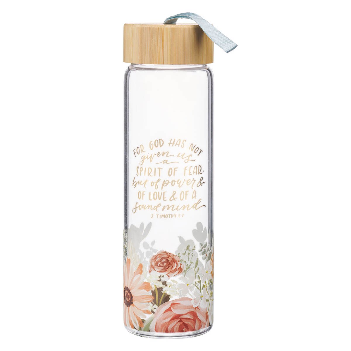 No Fear Pink Floral Glass Water Bottle with Bamboo Lid - 2 Timothy 1:7