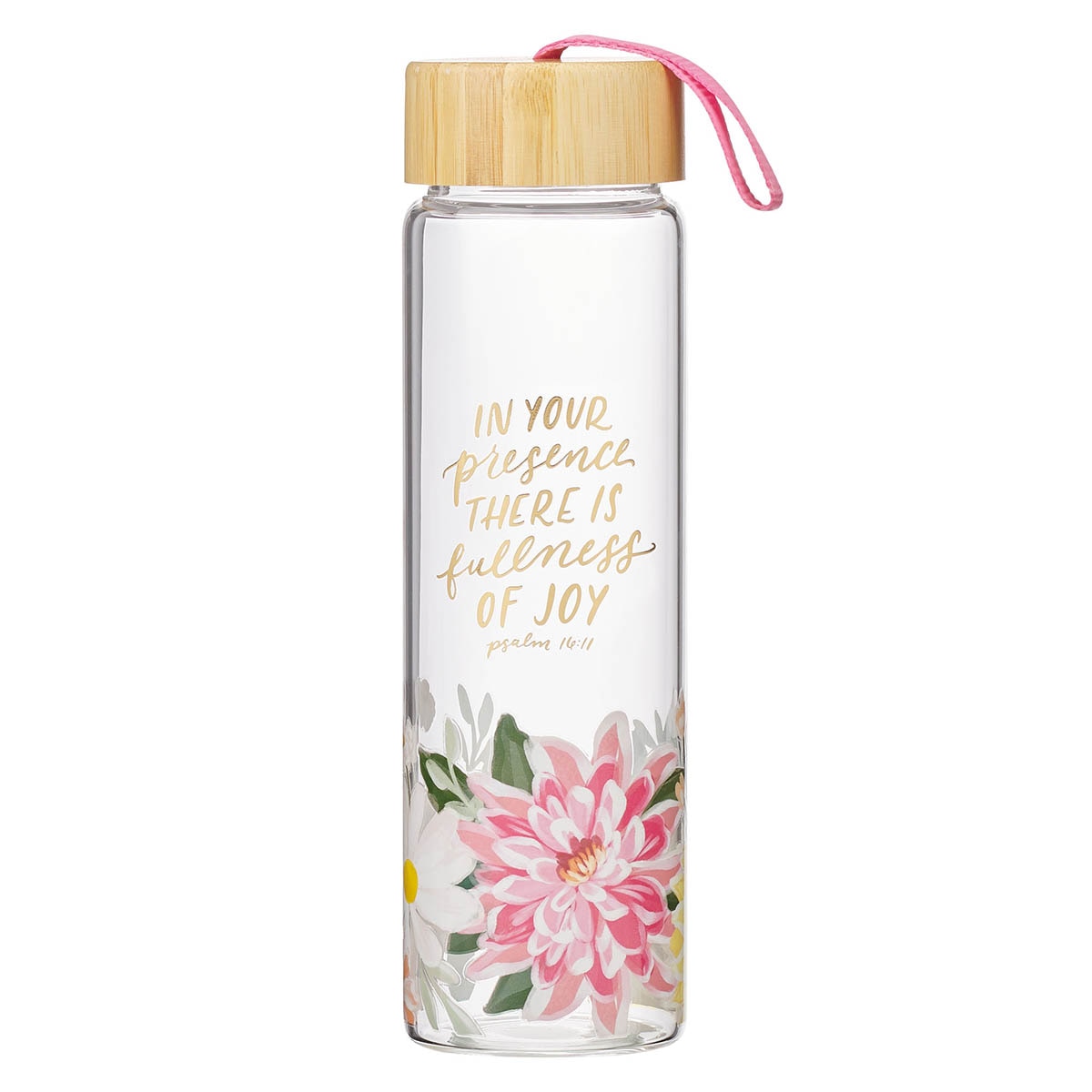 Fullness of Joy Pink Floral Glass Water Bottle with Bamboo Lid - Psalm 16:11