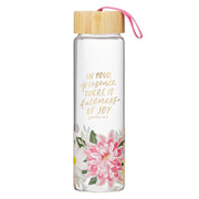 Fullness of Joy Pink Floral Glass Water Bottle with Bamboo Lid - Psalm 16:11