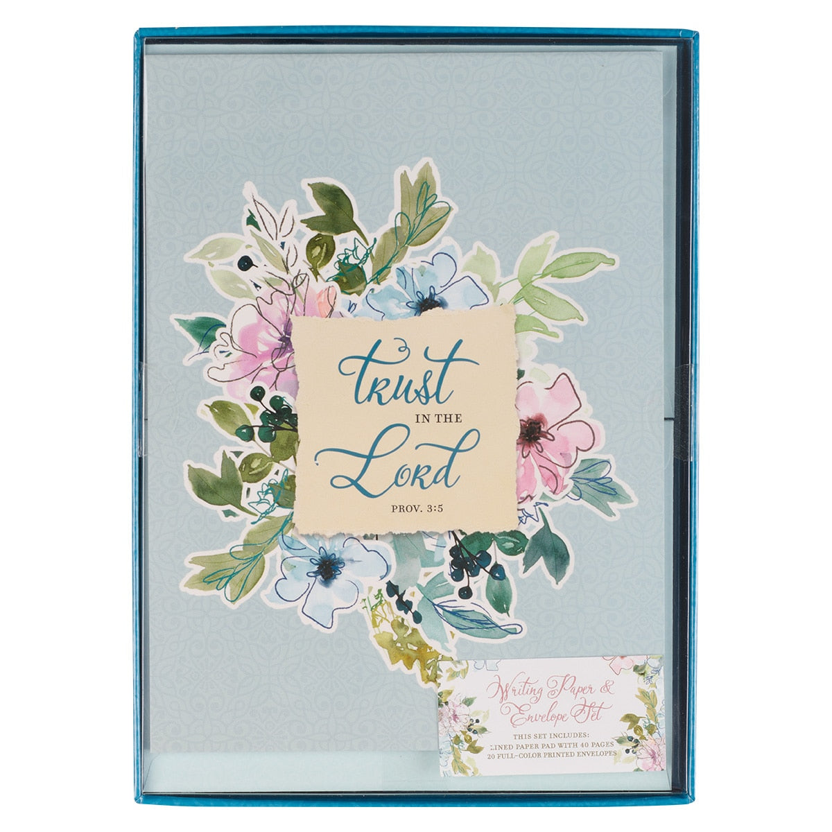 Trust in the Lord Blue Floral Writing Paper and Envelope Set - Proverbs 3:5