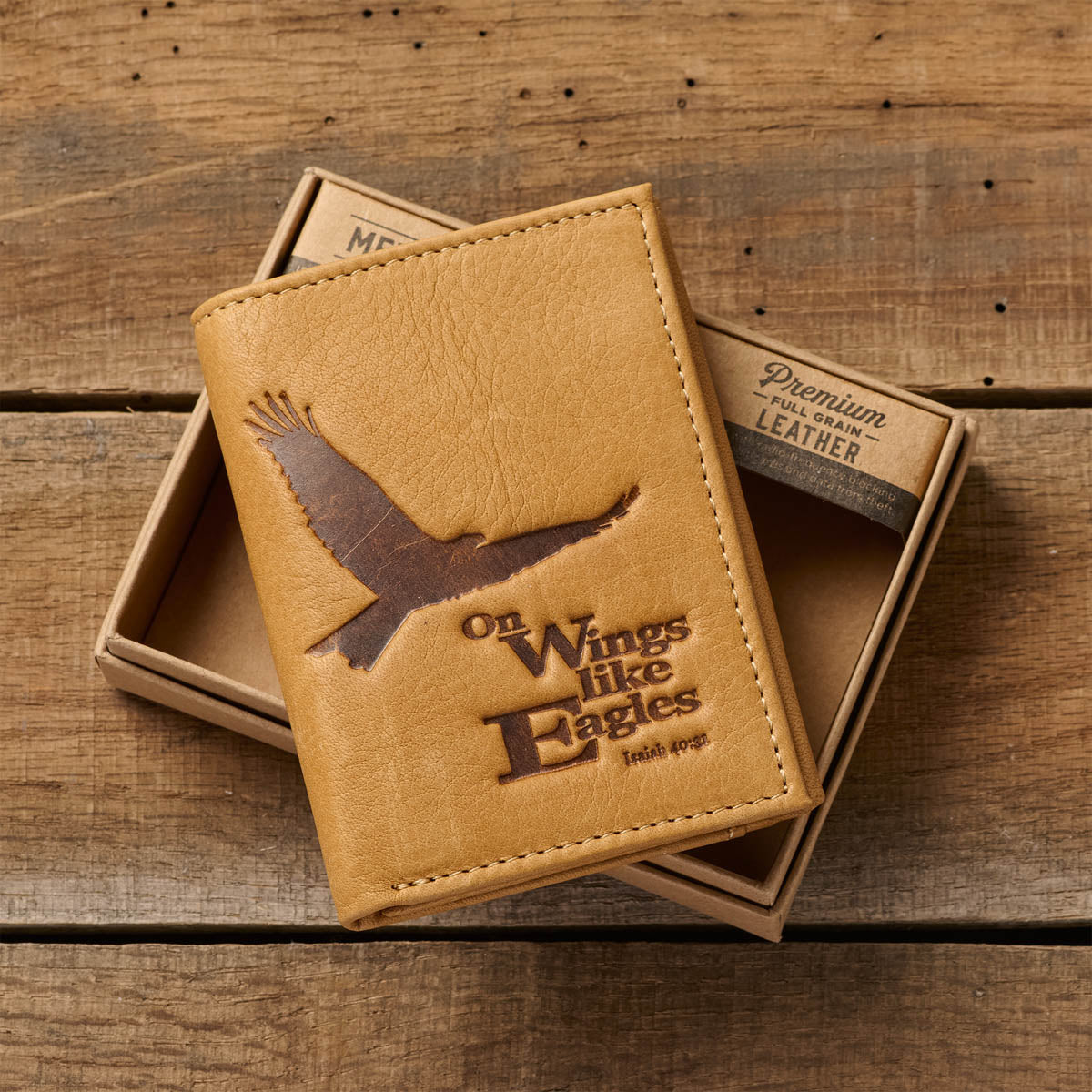 Wings Like Eagles Camel Tan Full Grain Leather Trifold Wallet