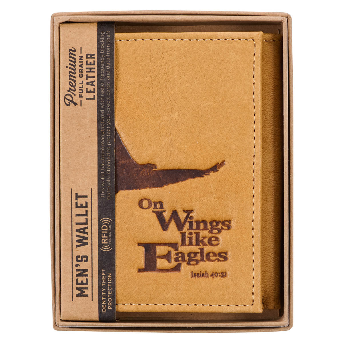 Wings Like Eagles Camel Tan Full Grain Leather Trifold Wallet